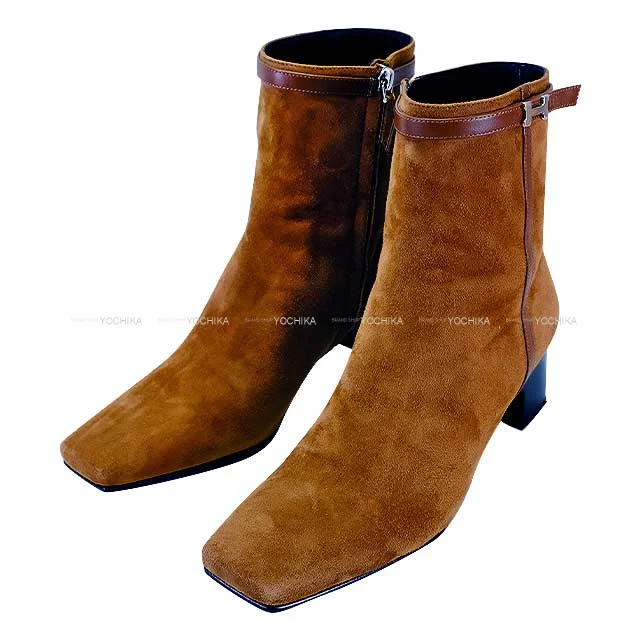 [Pre-loved] HERMES boots Ladies short boots Hommage H buckle #38 Brown Chevre Velours/Calf Silver HW[LIKE NEW][Authentic]